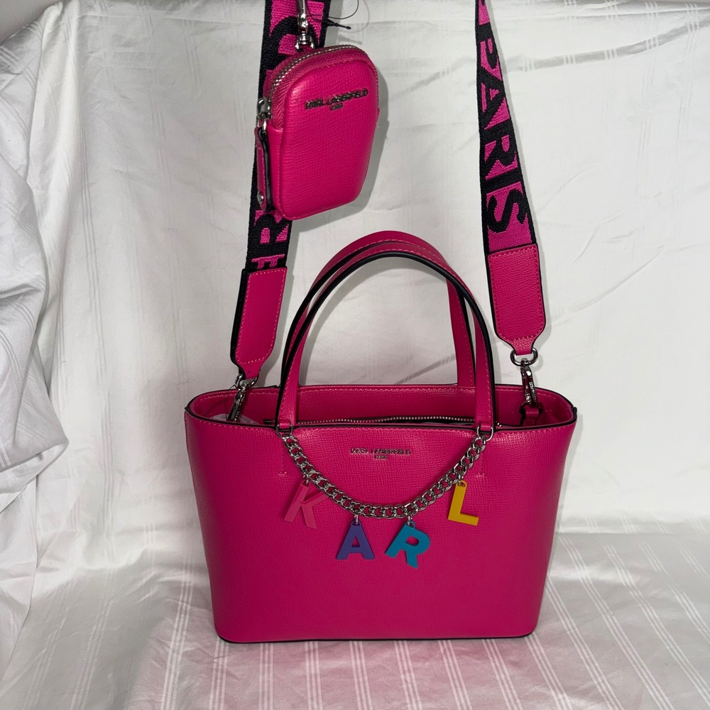 Karl Lagerfeld‎ Paris Authentic Maybelle Fuchsia Pink Tote Bag Logo Strap NEW